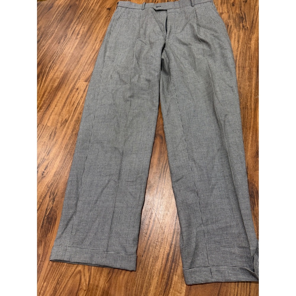 Vintage Mens Pierre Balmain Wool Houndstooth Pleated Trousers 36 Black White
